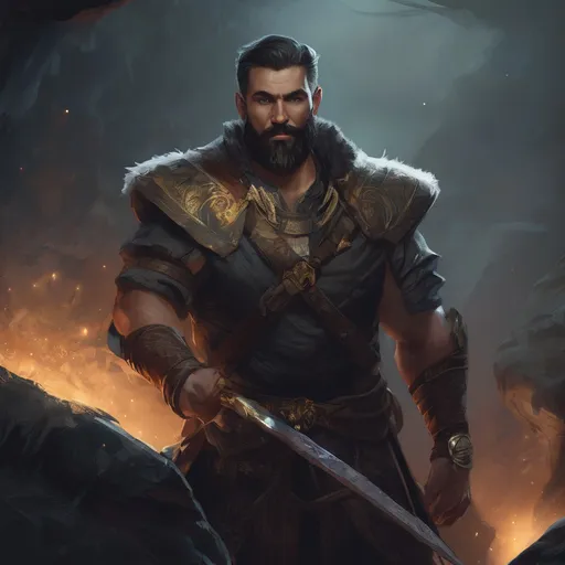 Prompt: (Full body) male handsome large muscular magical arcanist with short hair and beard, outside of a cave by a forest at night, pathfinder, d&d setting, in a realistic high quality digital art style