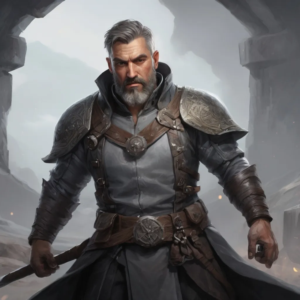 Prompt: Male stocky heavy-set mature illutionist with short-cut hair and beard, on a battlefield, in combat, casting a grey-spell, pathfinder, d&d setting, enhanced shadow quality, realistic