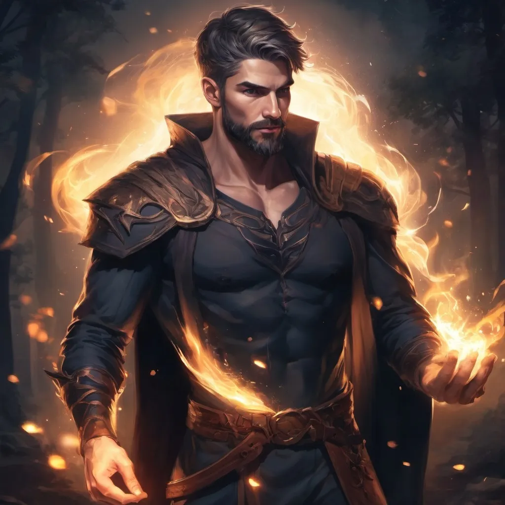 Prompt: A male muscular manly Oracle with short hair and beard, casting magic spell, in a nature at night, pathfinder, d&d setting, in a realistic high quality digital art style, shaded style