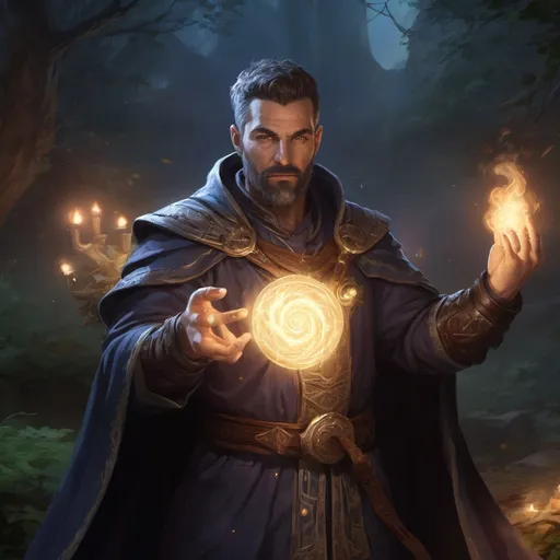 Prompt: Male stocky heavy-set mature summoner with short-cut hair and beard, magical glowing robes, casting a spell in combat, in nature at night, pathfinder, d&d setting, in a realistic high quality digital art style, enhanced shadow quality