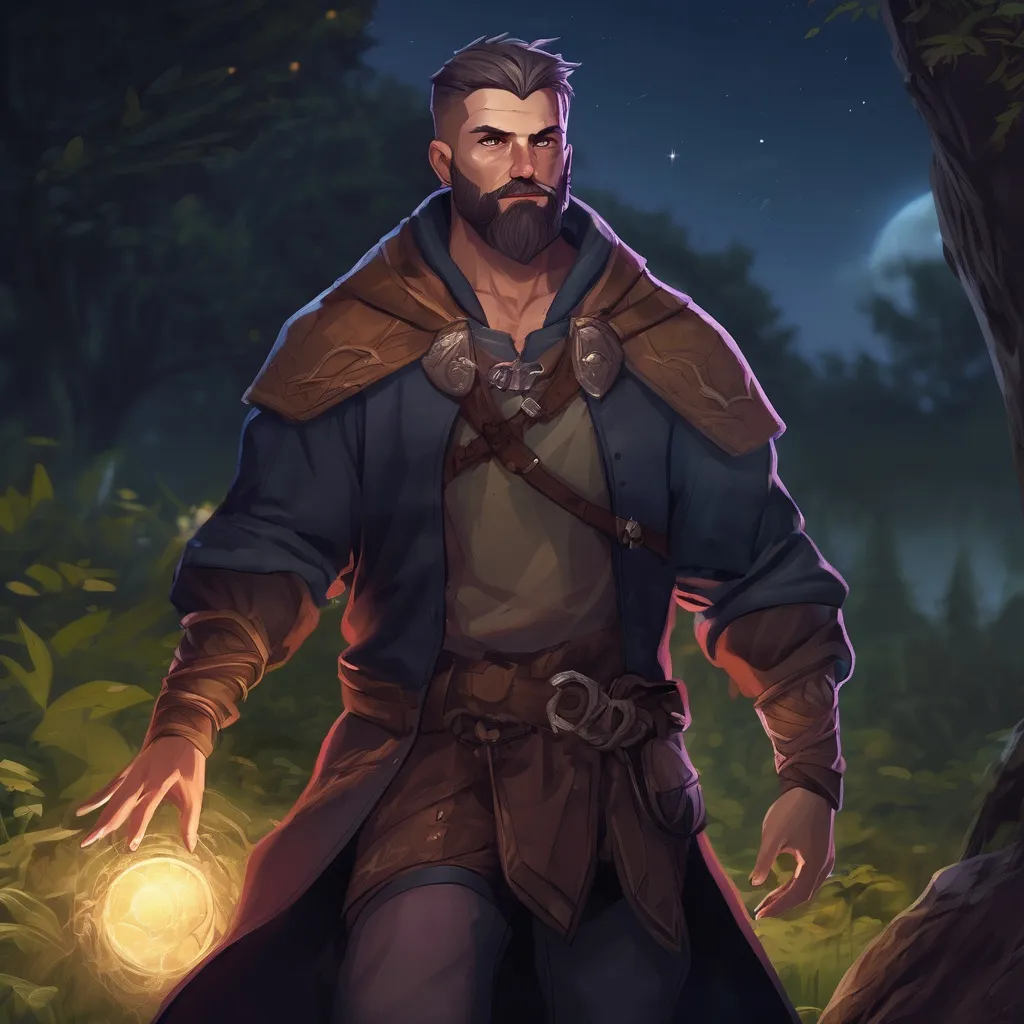 Prompt: (Full body) male muscular magus with short hair and beard, in nature at night, pathfinder, d&d setting, in a realistic digital art style