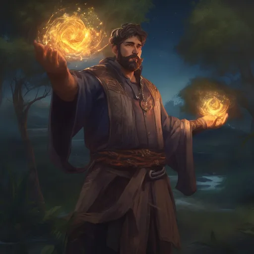 Prompt: (Full body) male stocky spanish mage with short hair and beard, magic swirls, big arms, in nature at night, pathfinder, d&d setting, in a realistic digital art style