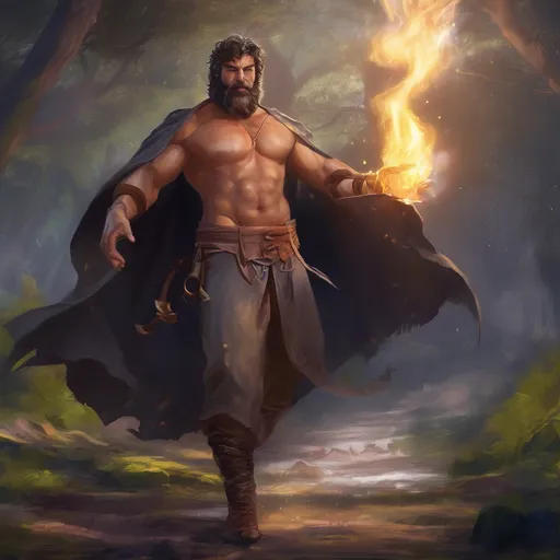 Prompt: (Full body) male stocky big-chested hairy-chested sorcerer with short hair and beard, no shirt on, casting an arcane spell, in nature at night, pathfinder, d&d setting, in a realistic digital art style