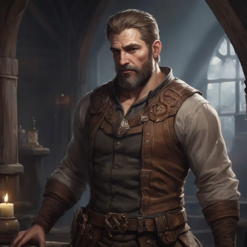 Prompt: (torso) Male stocky large muscular royal bard with short-cut hair and beard, exploring a dark tavern room, pathfinder, d&d setting, realistic, enhanced shadow quality