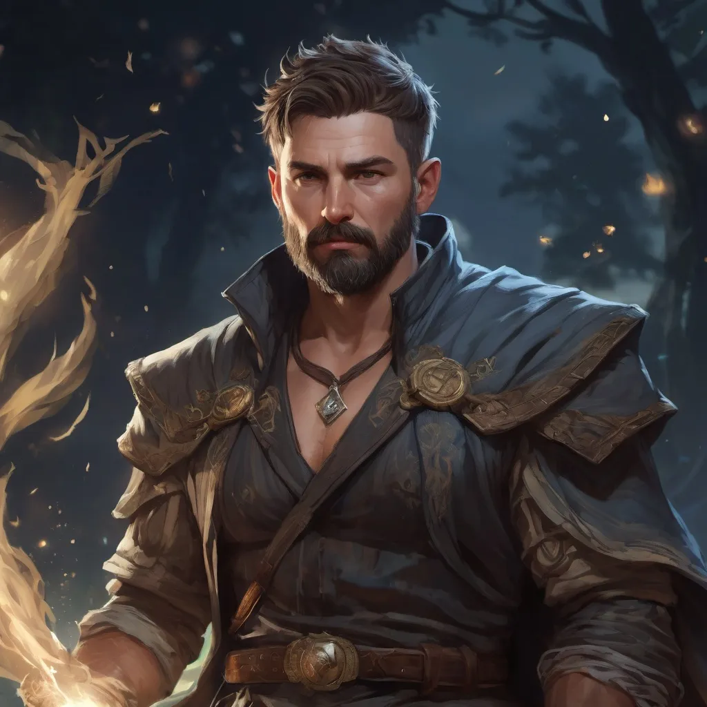 Prompt: (head and torso) Male stocky fit 40-year old handsome druid with short-cut hair and beard, holding magic-spell, in a windy nature at night, pathfinder, d&d setting, enhanced shadow quality