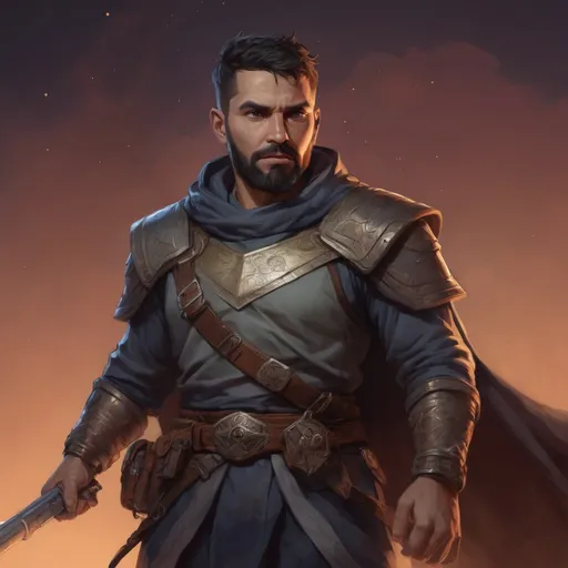 Prompt: Male stocky large mature morracan fighter with short-cut hair and beard, exploring a dark astral plane, pathfinder, d&d setting, in a realistic high quality digital art style, enhanced shadow quality, colorful