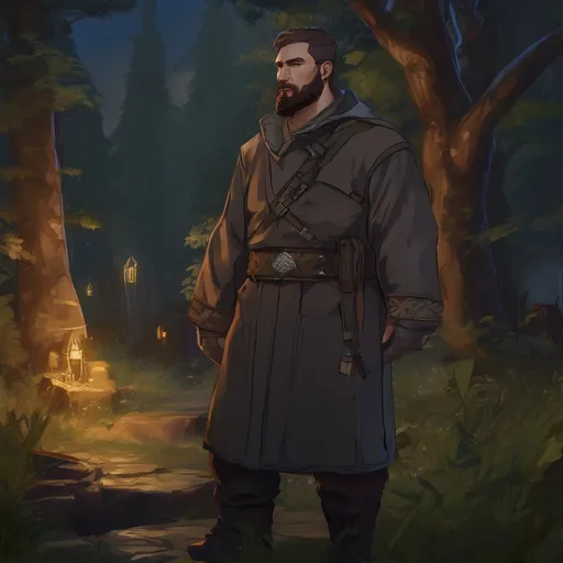 Prompt: (Full body) male stocky russian inquisitor with short hair and beard, big arms, in nature at night, pathfinder, d&d setting, in a realistic digital art style