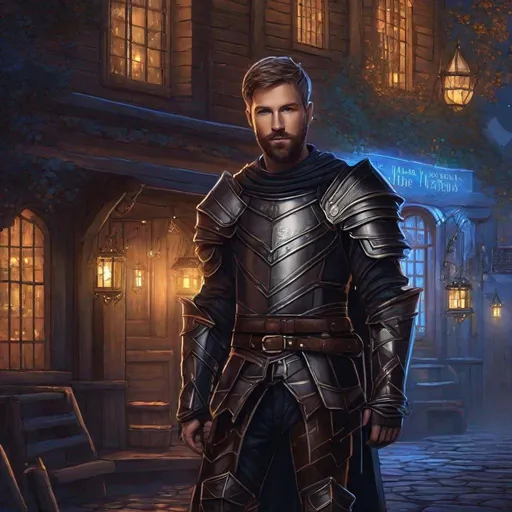 Prompt: (Full body) calvin harris as a knight in leather armor, bearded, short hair, fantasy, standing outside a tavern at night, in a realistic digital art style