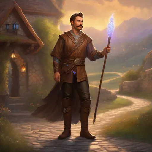Prompt: (Full body) a male druid with mustache and stubble brown short-cut hair, handsome manly face, belt, boots, leather pants, holding magical staff, swirly lights, standing outside of a small town, fantasy setting, dungeons & dragons, in a painted style realistic art
