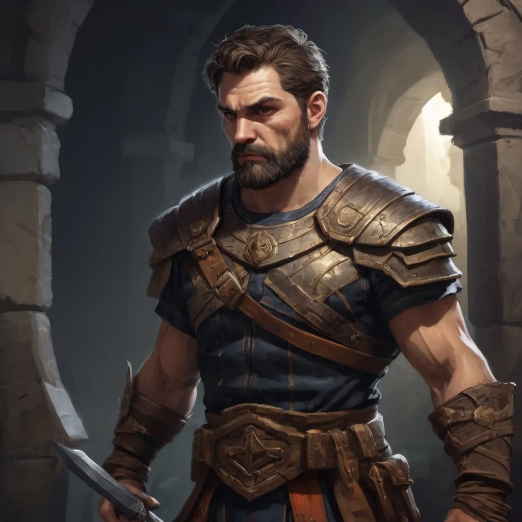 Prompt: Male stocky large mature greek fighter with short-cut hair and beard, exploring a dark dungeon, pathfinder, d&d setting, in a realistic high quality digital art style, enhanced shadow quality, colorful