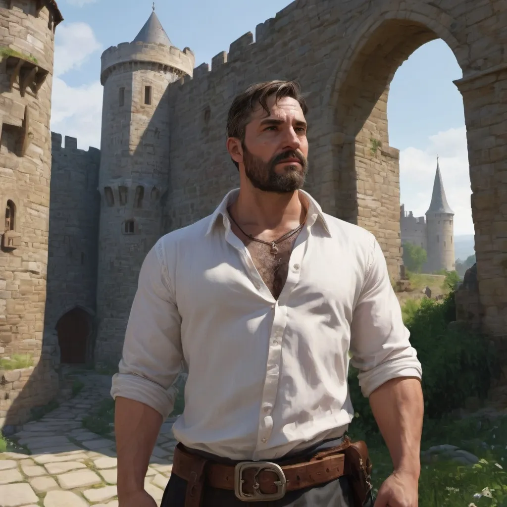 Prompt: (torso) Male stocky large fat beefy 42-year old warlock with short-cut hair and beard, open shirt hairy chest, in movement on a windy path by a castle, pathfinder, d&d setting, in a realistic high quality digital art style, enhanced shadow quality, colorful