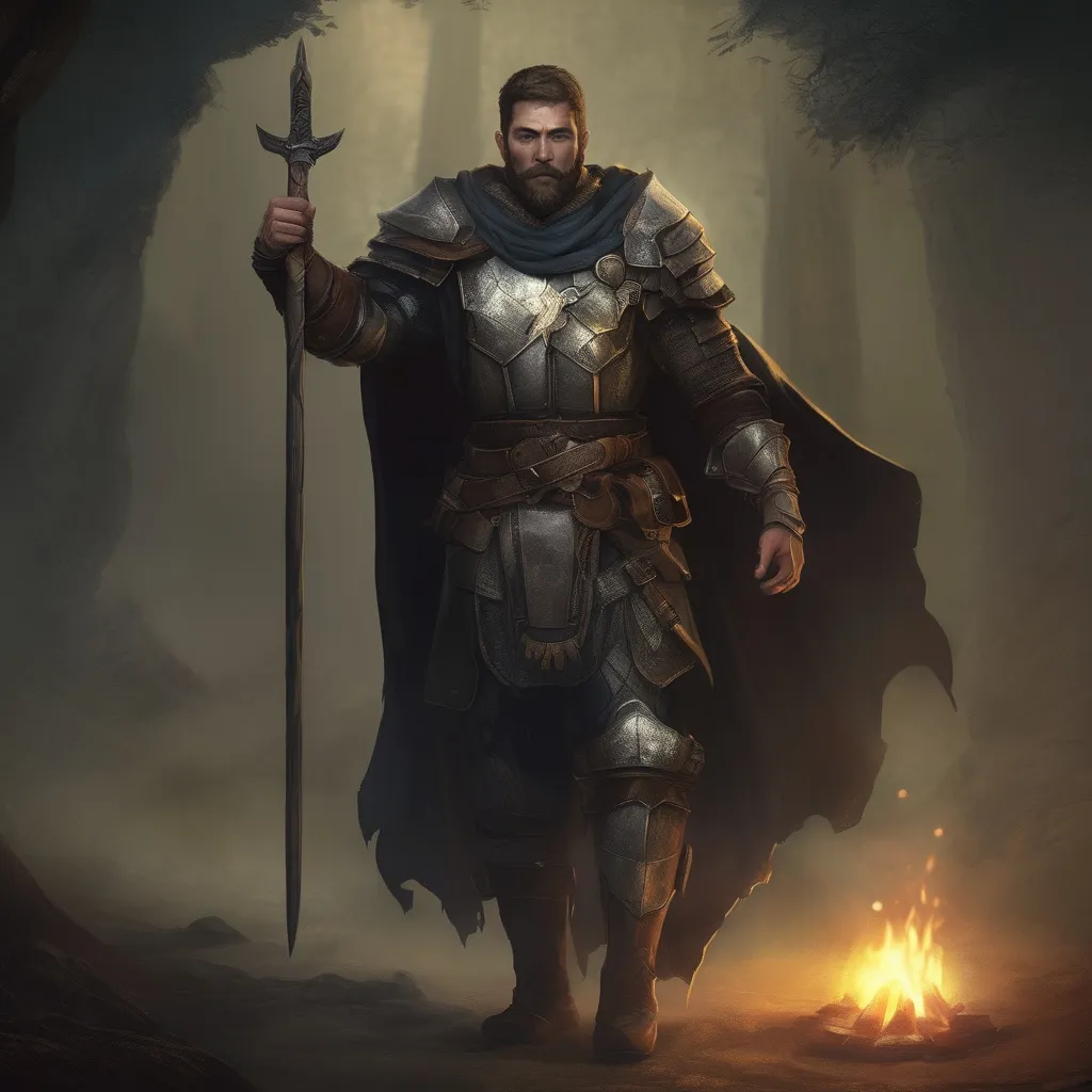 Prompt: (Full body) male handsome large crusader with short hair and beard, outside of a cave by a forest at night, pathfinder, d&d setting, in a realistic high quality digital art style