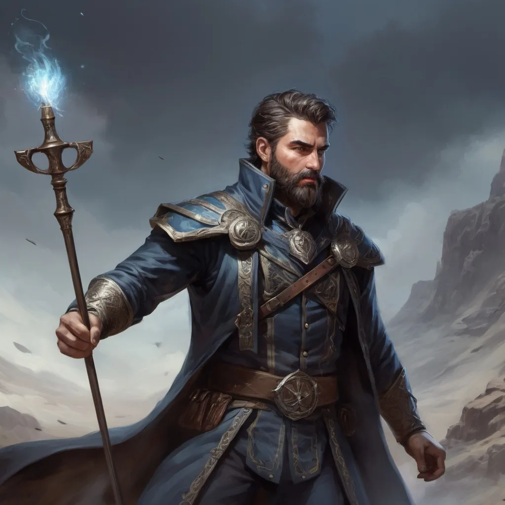 Prompt: Male stocky heavy-set argentinian royal magus with short-cut hair and beard, casting spell on a windy battlefield, pathfinder, d&d setting, in a realistic high quality digital art style, enhanced shadow quality
