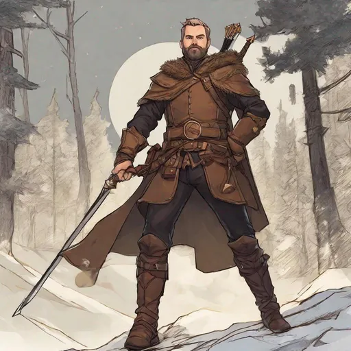 Prompt: (Fullbody) hairy manly archer face looks like johnny lee miller, short-hair, short-bearded, leather shirt, open shirt, heavy belt, brown boots, cloak, pathfinder, dungeons and dragons, monocle, outside a town by a forest at night, holding a weapon, in a painted style, realistic
