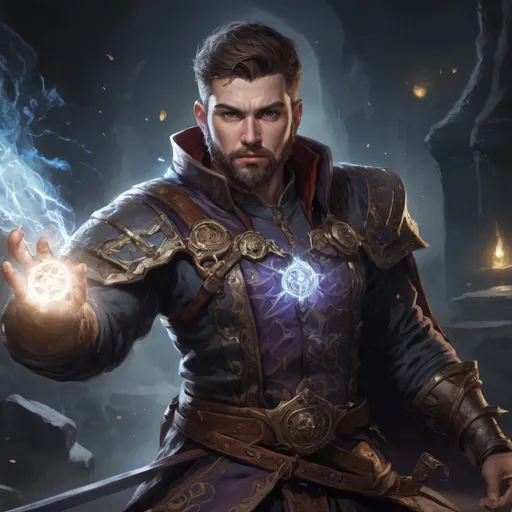 Prompt: Male stocky large battle-mage with short-cut hair and beard, engaged in combat casting a white-light spell inside of a dark dungeon, pathfinder, d&d setting, in a realistic high quality digital art style, enhanced shadow quality, colorful