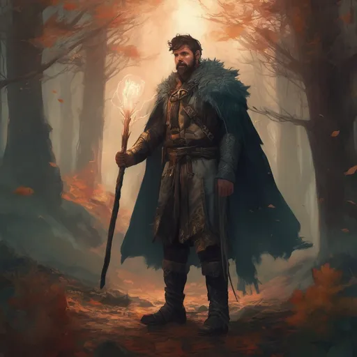 Prompt: (Full body) male stocky druid with short-cut hair and beard, holding magical tree staff, in a forest at night, leaf-shoulderguards, cloak, heavy belt, pathfinder, d&d setting, in a realistic digital art style