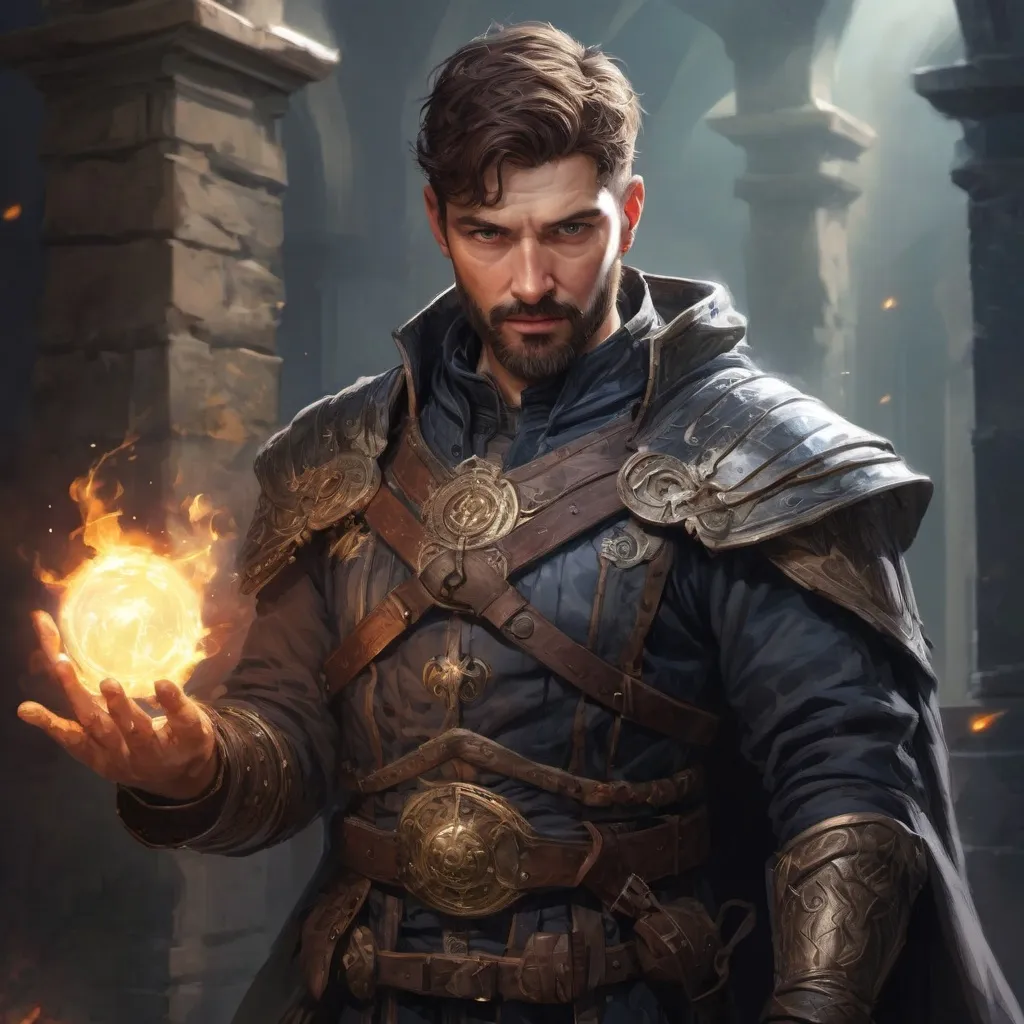Prompt: Male stocky mature drovier with short-cut hair and beard, in combat casting magic, inside of an astral magical dimention, pathfinder, d&d setting, in a realistic high quality digital art style, enhanced shadow quality