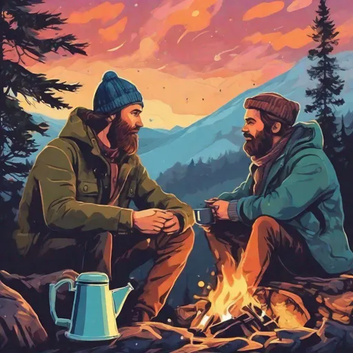 Prompt: A profile beautiful and colourful picture of two men with brunette hair and short beards, camping in a norwegian mountain, coffeepot on a campfire, morning sky, in a painted style