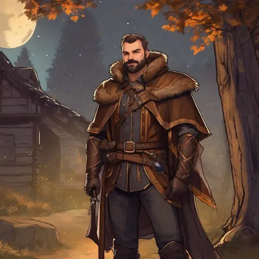 Prompt: (Fullbody) hairy manly bandit face looks like johnny lee miller, short-hair, short-bearded, leather shirt, open shirt, heavy belt, brown boots, cloak, pathfinder, dungeons and dragons, monocle, outside a town by a forest at night, holding a weapon, in a painted style, realistic