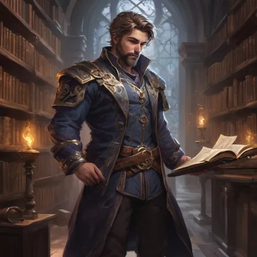 Prompt: (Full body) male stocky big-chested young alchemist with striped short hair and beard, hairy chest, casting swirly bright spell, in a dark library, pathfinder, d&d setting, in a realistic high quality digital art style