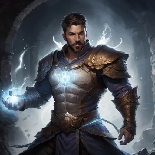 Prompt: Male stocky large muscular battle-mage with short-cut hair and beard, engaged in combat casting a white-light spell inside of a dark dungeon, pathfinder, d&d setting, realistic, enhanced shadow quality, colorful