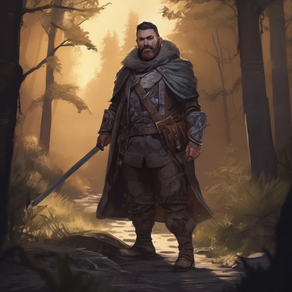 Prompt: (Full body) male stocky big-chested hairy-chested bandit with short hair and beard, in nature at night, pathfinder, d&d setting, in a realistic digital art style