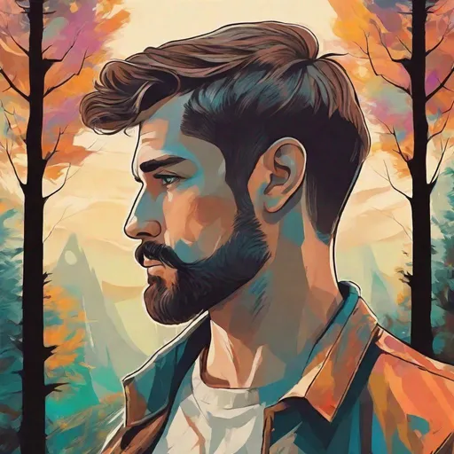 Prompt: A profile beautiful and colourful picture of a handsome man with bown short hair and a beard, exploring a forest, framed by the morning sky, a falcon in flight, in a painted style