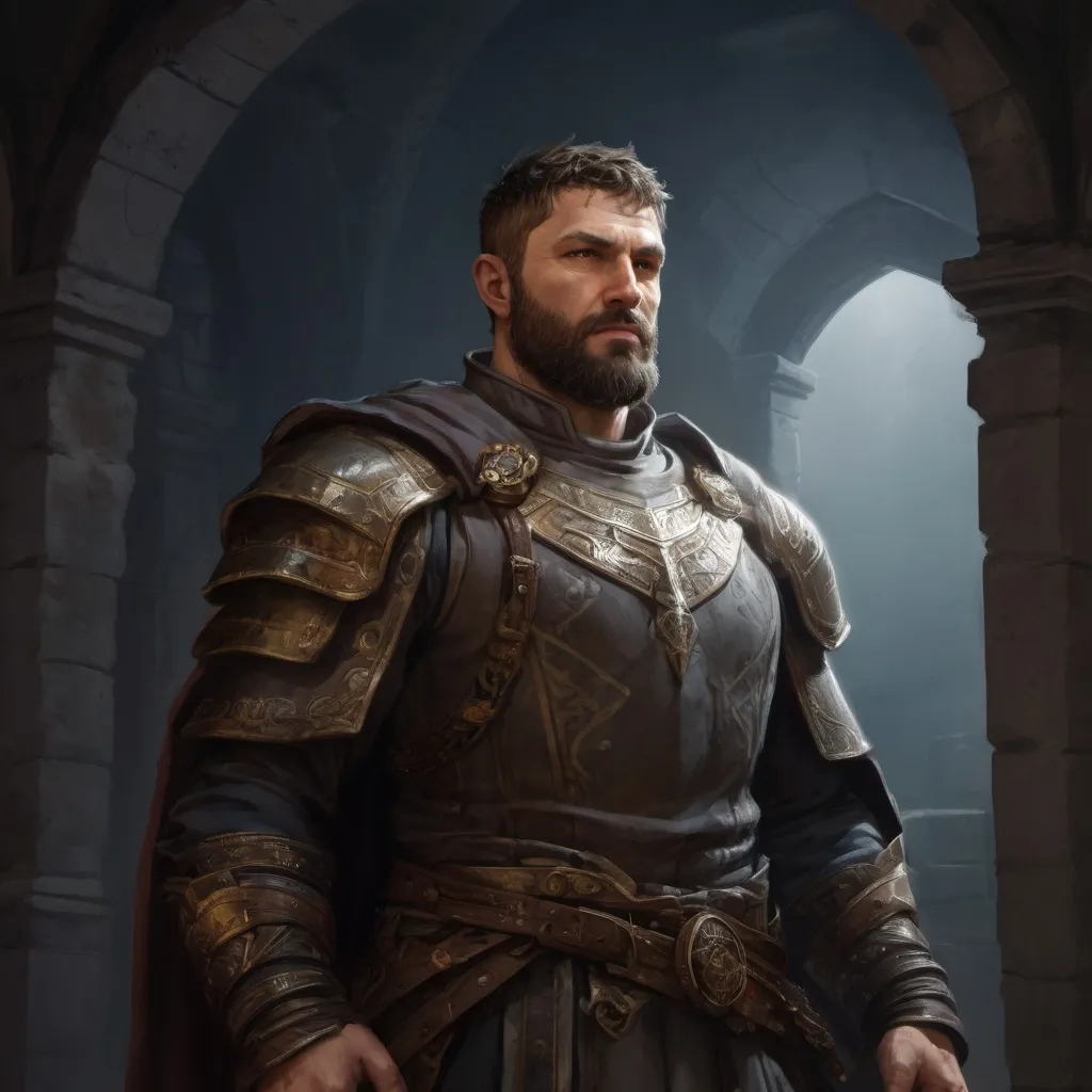 Prompt: Male stocky large muscular holy-cleric with short-cut hair and beard, exploring a dark trasure room, pathfinder, d&d setting, realistic, enhanced shadow quality
