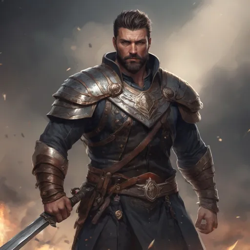 Prompt: (Full body) male stocky masculine manly hunky royal king with short hair and beard, hairy chest, in a dark battle field, pathfinder, d&d setting, in a realistic high quality digital art style