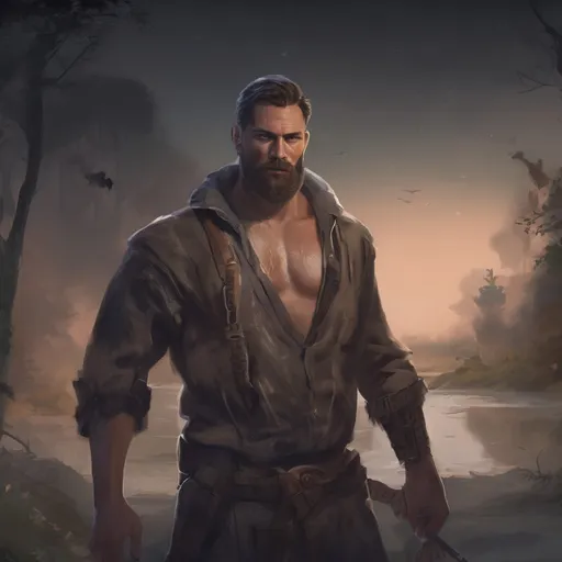 Prompt: (Full body) male stocky norwegian Warrior with short hair and beard, in nature at night, open shirt hairy chest, pathfinder, d&d setting, in a realistic digital art style