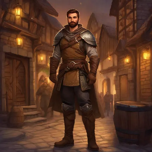 Prompt: (Fullbody) male adult ranger manly face, brown short-hair short-bearded, armor, hairy chest, heavy belt, brown boots, pathfinder, dungeons and dragons, fantasy town street at night, in a painted style, realistic
