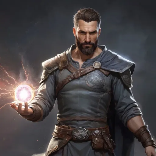 Prompt: (torso) Male stocky large fit 37-year old arcanist with short-cut hair and beard, casting a magic-ray out of hands in a windy path, pathfinder, d&d setting, in a realistic high quality digital art style, enhanced shadow quality