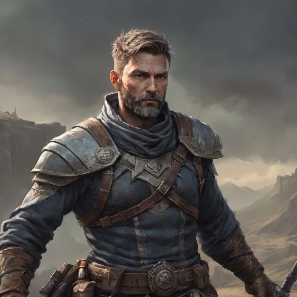 Prompt: (torso) Male heavy-set mature fit magical Ranger with short-cut hair and beard, holding fantasy-weapon , in a windy battlefield, pathfinder, d&d setting, enhanced shadow quality