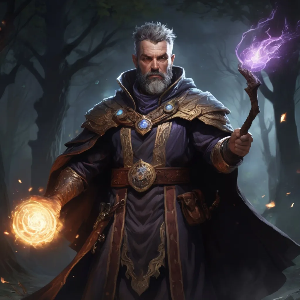 Prompt: Male stocky heavy-set mature warlock with short-cut hair and beard, magical glowing robes, casting a spell in combat, in nature at night, pathfinder, d&d setting, in a realistic high quality digital art style, enhanced shadow quality