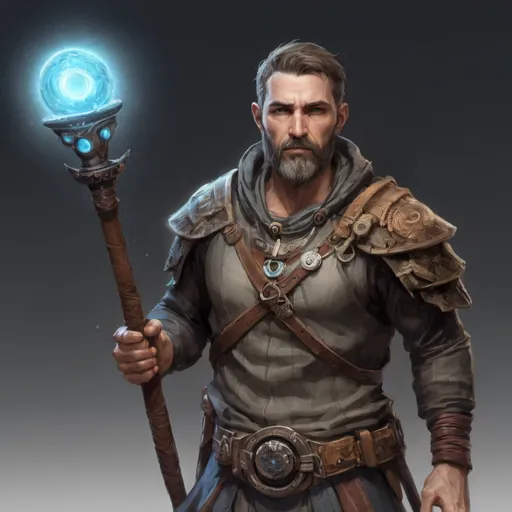 Prompt: (torso) Male stocky fit 39-year old druid with short-cut hair and beard, holding a magic wepon, in movement, pathfinder, d&d setting, realistic, enhanced shadow quality, colorful