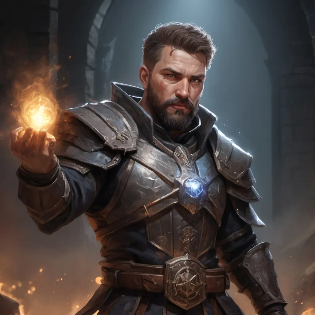 Prompt: (head and torso) Male stocky large mature Crusader with short-cut hair and beard, engaged in combat casting a light spell inside of a dark dungeon, pathfinder, d&d setting, in a realistic high quality digital art style, enhanced shadow quality