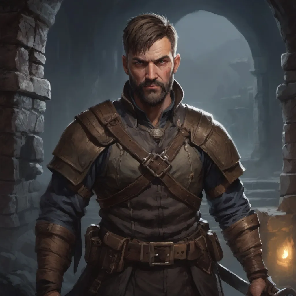 Prompt: Male stocky mature treasure-hunter with short-cut hair and beard, inside of a dungeon at night, pathfinder, d&d setting, enhanced shadow quality