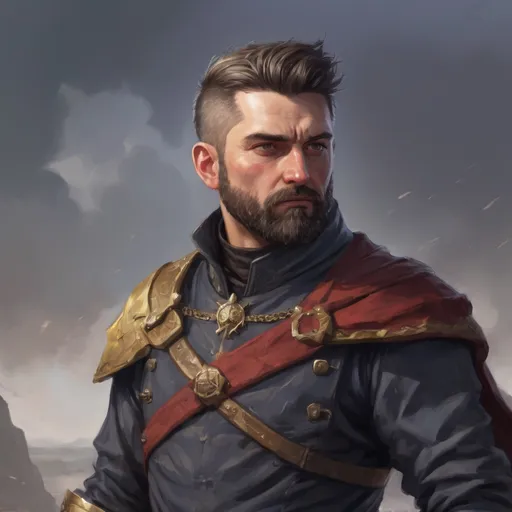 Prompt: Male stocky heavy-set french royal magus with short-cut hair and beard, on a windy battlefield, pathfinder, d&d setting, in a realistic high quality digital art style, enhanced shadow quality