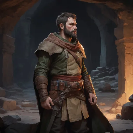 Prompt: Male stocky heavy-built rogue with short-cut hair and beard, outside of a cave entrance in a temple ruin at night, pathfinder, d&d setting, in a realistic high quality digital art style, enhanced shadow quality