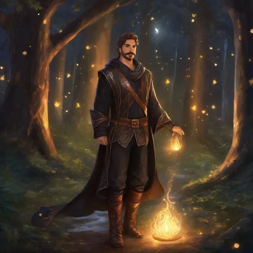 Prompt: (Full body) A male black mage with short cut hair with a mustache and stubble manly face, pathfinger, magic swirl, leather pants, holding magic, dungeons and dragons, brown boots, fantasy setting, standing in a forest glade at night, in a painted style realistic art