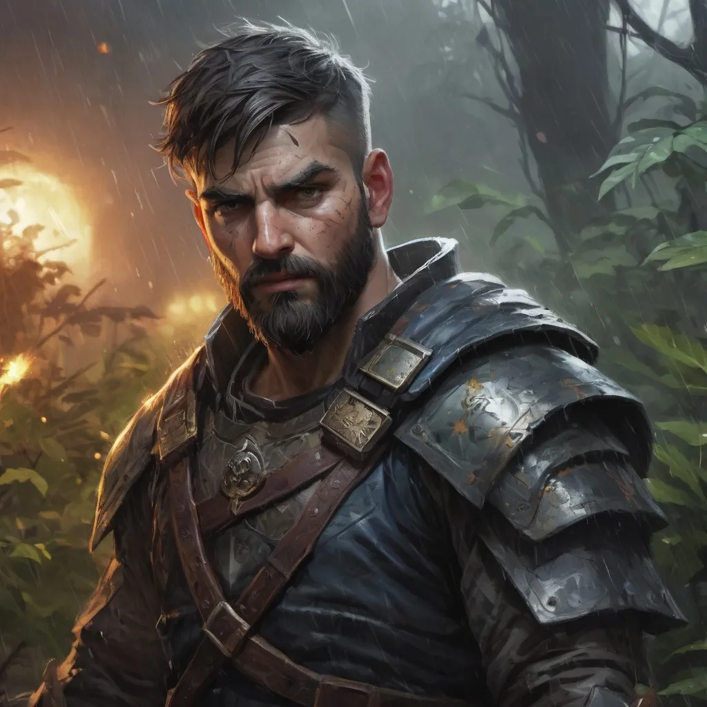 Prompt: Male stocky heavy-set warrior with short-cut hair and beard, in a thicket battlefield in a rainstorm, pathfinder, d&d setting, enhanced shadow quality, colorful