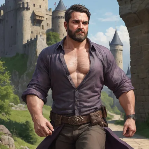 Prompt: (torso) Male stocky large fat beefy 42-year old warlock with short-cut hair and beard, open shirt hairy chest, in movement on a windy path by a castle, pathfinder, d&d setting, in a realistic high quality digital art style, enhanced shadow quality, colorful