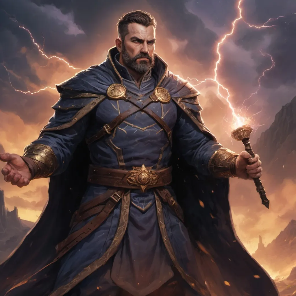 Prompt: Male heavy-set 42-year old muscular noble large sorcerer with short-cut hair and beard,  casting storm-magic in a windy castleground at dusk, pathfinder, d&d setting, enhanced shadow quality