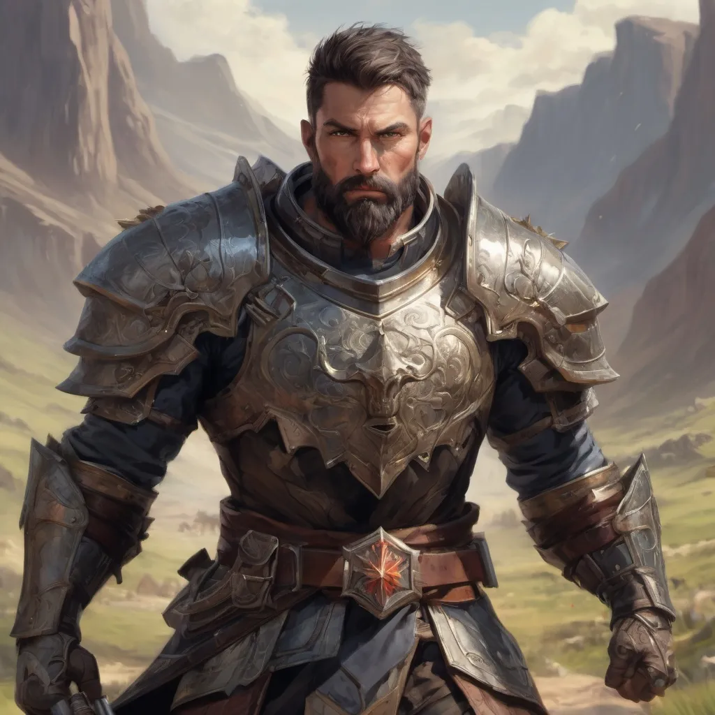 Prompt: Male heavy-set mature muscular holy-knight with short-cut hair and beard, in a windy valley in a battle, pathfinder, d&d setting, enhanced shadow quality
