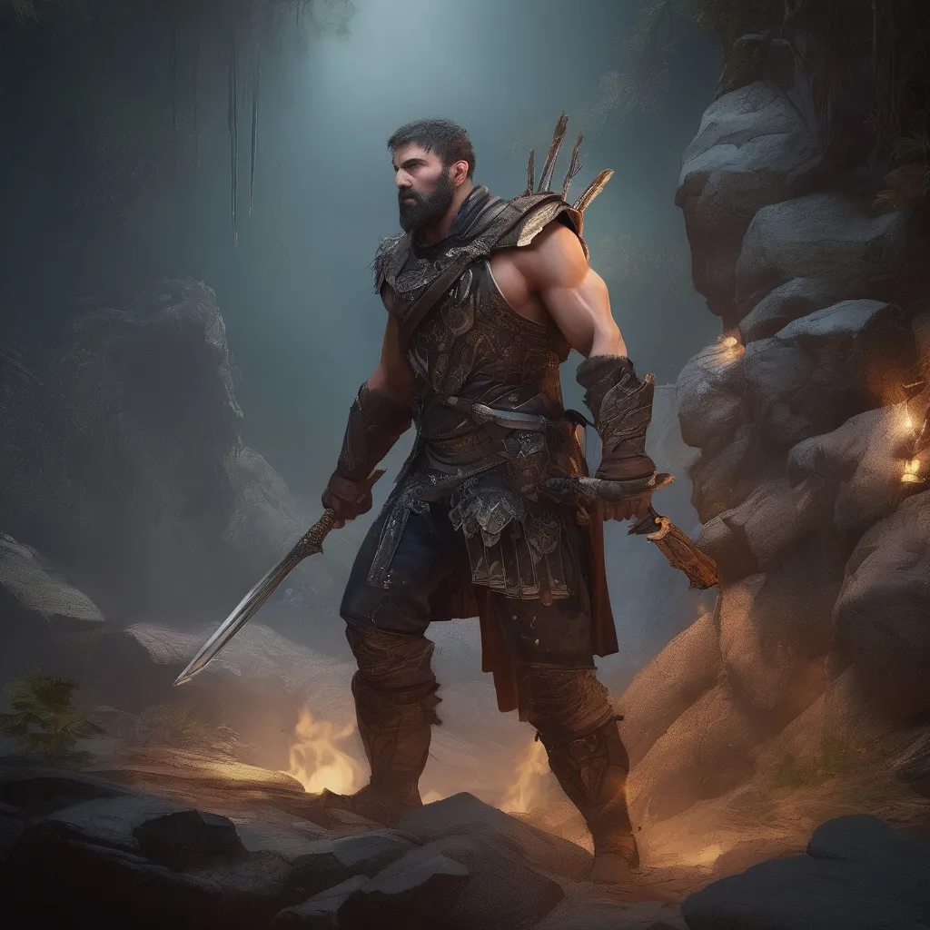 Prompt: (Full body) male handsome large muscular young albanian warrior with short hair and beard, outside of a cave by a forest at night, pathfinder, d&d setting, in a realistic high quality digital art style