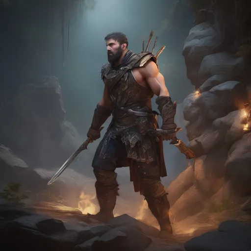 Prompt: (Full body) male handsome large muscular young albanian warrior with short hair and beard, outside of a cave by a forest at night, pathfinder, d&d setting, in a realistic high quality digital art style