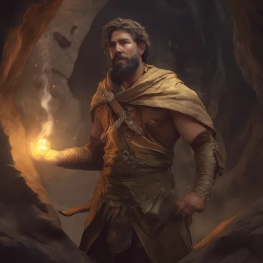 Prompt: (Full body) male handsome large muscular young desert wizard with short hair and beard, outside of a cave by a forest at night, pathfinder, d&d setting, in a realistic high quality digital art style