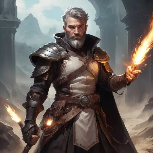 Prompt: Male stocky heavy-set mature illusion-mage with short-cut hair and beard, on a battlefield, in combat, casting a white-spell, pathfinder, d&d setting, in a realistic high quality digital art style, enhanced shadow quality, colorful
