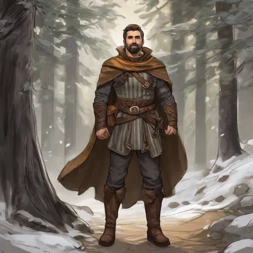 Prompt: (Fullbody) hairy manly ranger face looks like older aaron rodgers, short-hair grey stripes, short-bearded, leather shirt, open shirt, heavy belt, swirly magic from staff, brown boots, cloak, pathfinder, dungeons and dragons, monocle, outside a town by a forest at night, holding a weapon, in a painted style, realistic