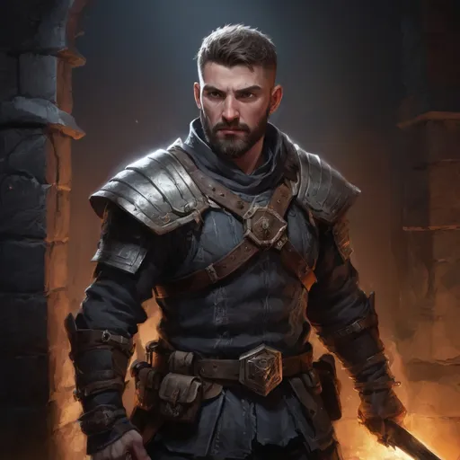 Prompt: Male stocky large warrior with short-cut hair and beard, exploring a dark dungeon, pathfinder, d&d setting, in a realistic high quality digital art style, enhanced shadow quality, colorful